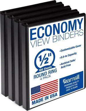 0.5 Inch 3 Ring Binders, Economy Round Ring, Clear View Cover, 100 Sheet Capacity - for School, Home, Office - Black, 4 Pack 0.5 Inch 3 Ring Binders, Economy Round Ring, Clear View Cover, 100 Sheet Capacity - for School, Home, Office - Black, 4 Pack
