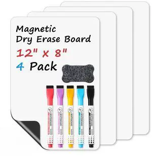 Magnetic Whiteboard for Fridge, 4-Pack Dry Erase Boards (12×8 in) with 5 Markers & Eraser, Strong Magnet & Stain-Resistant Surface, Reusable Message Board for Fridge, Family Planner & Kitchen Notes Magnetic Whiteboard for Fridge, 4-Pack Dry Erase Boards (12×8 in) with 5 Markers & Eraser, Strong Magnet & Stain-Resistant Surface, Reusable Message Board for Fridge, Family Planner & Kitchen Notes