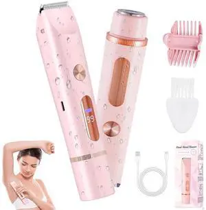 2 in 1 Bikini Trimmer for Women, Dual Head Electric Shaver with LED Display, IPX7 Waterproof Body Pubic Hair Trimmer Rechargeable Womens Electric Razor for Armpit Leg Body Facial Wet & Dry Use 2 in 1 Bikini Trimmer for Women, Dual Head Electric Shaver with LED Display, IPX7 Waterproof Body Pubic Hair Trimmer Rechargeable Womens Electric Razor for Armpit Leg Body Facial Wet & Dry Use