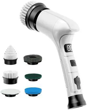 Electric Spin Scrubber, Cordless Household Cleaning Brush with 6 Replaceable Heads, 3 Speeds, LED Display, Lightweight Handheld Power Scrubber for Cleaning Stove/Bowl/Sink/Corner/Tile/Grout-White Electric Spin Scrubber, Cordless Household Cleaning Brush with 6 Replaceable Heads, 3 Speeds, LED Display, Lightweight Handheld Power Scrubber for Cleaning Stove/Bowl/Sink/Corner/Tile/Grout-White