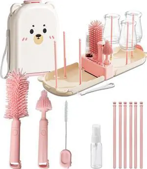Pink Travel Baby Bottle Cleaner Kit 6-in-1 Portable Brush Set with Drying Rack & Storage Case | Baby Travel Essentials for Flying, Newborn Bottle Cleaning & Breast Pump Parts On-The-Go Pink Travel Baby Bottle Cleaner Kit 6-in-1 Portable Brush Set with Drying Rack & Storage Case | Baby Travel Essentials for Flying, Newborn Bottle Cleaning & Breast Pump Parts On-The-Go