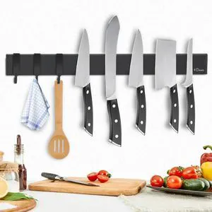 magnetic knife holder for wallwith 3 hooks, No Drilling, 16 Inch | Black knife magnetic strip, Powerful knife magnet rack, include Adhesive Tape and screws for Knives, Utensils, and Tools magnetic knife holder for wallwith 3 hooks, No Drilling, 16 Inch | Black knife magnetic strip, Powerful knife magnet rack, include Adhesive Tape and screws for Knives, Utensils, and Tools