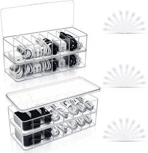 4 Pack Cable Organizer Box with Wire Ties, 2 Style Plastic Cord Storage Box, 10 In Adjustable Clear Charger Organizer with Lid for Electronics Office Home Desk Accessories 4 Pack Cable Organizer Box with Wire Ties, 2 Style Plastic Cord Storage Box, 10 In Adjustable Clear Charger Organizer with Lid for Electronics Office Home Desk Accessories