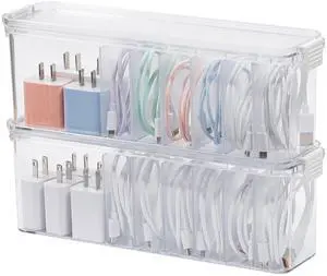 2 Pack Cord Organizer Box for Desk Drawer, Clear Phone Charger Cable Storage Container with Lid 2 Pack Cord Organizer Box for Desk Drawer, Clear Phone Charger Cable Storage Container with Lid