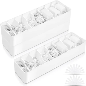 2 Pcs Cable Organizer with 20 Wire Ties, Plastic Cord Storage Charger Electronics Box with Adjustment Compartments for Drawer Home Office Desk Accessories (White) 2 Pcs Cable Organizer with 20 Wire Ties, Plastic Cord Storage Charger Electronics Box with Adjustment Compartments for Drawer Home Office Desk Accessories (White)