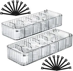 Cable Storage Boxes Organizers 2 Pack,Cord Charger Storage Organizer Box Case with 20pcs Cable Ties,Stackable,Clear Cable Storage Boxes Organizers 2 Pack,Cord Charger Storage Organizer Box Case with 20pcs Cable Ties,Stackable,Clear