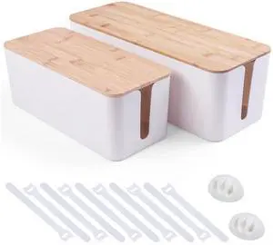 2 Pack Cable Management Box - Cord Organizer Box with Wooden Lid for TV Wires, Power Strips, Router, USB Hub & Under Desk Power: Baby & Pet Proof Cord Management, Cord Hider for Home & Office (White) 2 Pack Cable Management Box - Cord Organizer Box with Wooden Lid for TV Wires, Power Strips, Router, USB Hub & Under Desk Power: Baby & Pet Proof Cord Management, Cord Hider for Home & Office (White)