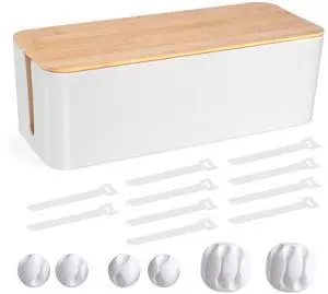 Cable Management Box - Wooden Style Large Cord Organizer Box to Hide Wires & Power Strips | Desk Computer Cable Organizer Box | Safe ABS Material |16" (L) x 6.2" (W) 5.3" (H)|for Home & Office - White Cable Management Box - Wooden Style Large Cord Organizer Box to Hide Wires & Power Strips | Desk Computer Cable Organizer Box | Safe ABS Material |16" (L) x 6.2" (W) 5.3" (H)|for Home & Office - White
