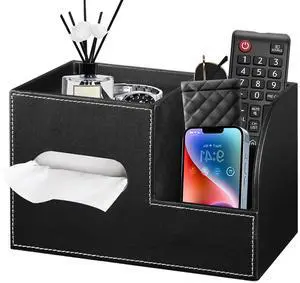 Leather Square Tissue Box Cover with Storage Tray,Cube Tissue Box Holder,Modern Facial Paper Organizer with Remote Control Holder for Bathroom,Vanity Countertop,End Table NightStand Home Office.Black Leather Square Tissue Box Cover with Storage Tray,Cube Tissue Box Holder,Modern Facial Paper Organizer with Remote Control Holder for Bathroom,Vanity Countertop,End Table NightStand Home Office.Black