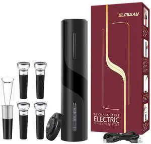 Electric Wine Opener Set by ELMWAY - Rechargeable Wine Bottle Opener & Corkscrew with Foil Cutter / 4 x Vacuum Stoppers/Premium Wine Aerator Pourer, Ideal Wine Gifts for Wine Lovers - Black Electric Wine Opener Set by ELMWAY - Rechargeable Wine Bottle Opener & Corkscrew with Foil Cutter / 4 x Vacuum Stoppers/Premium Wine Aerator Pourer, Ideal Wine Gifts for Wine Lovers - Black