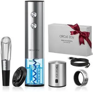 Electric Wine Opener Rechargeable 5-in-1 Stainless Steel Wine Gift Set with Foil Cutter, Wine Aerator Pourer, Wine Drip Ring & Vacuum Stopper, Ideal Gifts for Wine Lovers, Silver Electric Wine Opener Rechargeable 5-in-1 Stainless Steel Wine Gift Set with Foil Cutter, Wine Aerator Pourer, Wine Drip Ring & Vacuum Stopper, Ideal Gifts for Wine Lovers, Silver