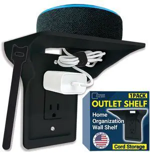Power Perch Outlet Shelf Organizer for Alexa Echo Dot, HomePod Mini Speakers, Phone - Wall Outlet Holder with Cord Storage Strap - Socket Shelf Bathroom Kitchen Counter Charging Station - Black 1 Pack Power Perch Outlet Shelf Organizer for Alexa Echo Dot, HomePod Mini Speakers, Phone - Wall Outlet Holder with Cord Storage Strap - Socket Shelf Bathroom Kitchen Counter Charging Station - Black 1 Pack