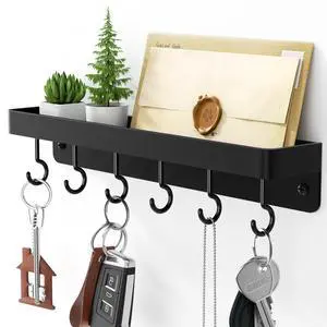 Black Key Holder Wall Mount, Stainless Steel Self Adhesive Hooks Rack with Shelf, No Drill Key Hanger for Door and Wall Black Key Holder Wall Mount, Stainless Steel Self Adhesive Hooks Rack with Shelf, No Drill Key Hanger for Door and Wall
