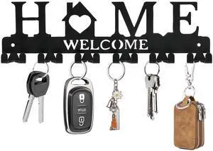 Key Holder Wall Mount, Adhesive Metal Key Hanger with 6 Double Hooks, 2 Installation Methods, Black Key Holder Wall Mount, Adhesive Metal Key Hanger with 6 Double Hooks, 2 Installation Methods, Black