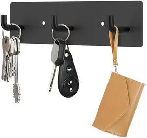 Key Holder Wall Mount, Small Metal Self Adhesive Key Rack with 3 Hooks, 2 Installation Options, Black Key Holder Wall Mount, Small Metal Self Adhesive Key Rack with 3 Hooks, 2 Installation Options, Black