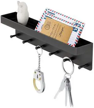 Holder Wall Mount, Key Holder Wall Mount Adhesive with Mail Organizer Tray with 6 Key Hooks for Wall, Black Holder Wall Mount, Key Holder Wall Mount Adhesive with Mail Organizer Tray with 6 Key Hooks for Wall, Black