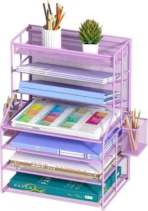 Purple 7 Tier Desktop File Organizer, Letter Tray Paper Organizer with Pen Holder and Metal Hanging Basket, Vertical Desk File Holder for Home Office Organization Purple 7 Tier Desktop File Organizer, Letter Tray Paper Organizer with Pen Holder and Metal Hanging Basket, Vertical Desk File Holder for Home Office Organization