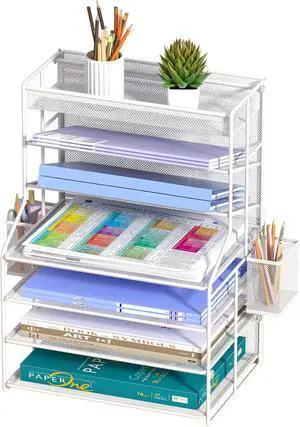White 7 Tier Desktop File Organizer, Letter Tray Paper Organizer with Pen Holder and Metal Hanging Basket, Adjustable Vertical Desk Organizer for Office Desk Accessories White 7 Tier Desktop File Organizer, Letter Tray Paper Organizer with Pen Holder and Metal Hanging Basket, Adjustable Vertical Desk Organizer for Office Desk Accessories