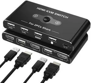 KVM Switch for 1 Monitor 2 Computers, 4K@60Hz HDMI KVM Switcher, HDMI USB Hub Switches for PC/Mac Pro/Laptop, Plug and Play, Share Keyboard Mouse Printer, with 2 USB Cables and 2 HDMI Cables KVM Switch for 1 Monitor 2 Computers, 4K@60Hz HDMI KVM Switcher, HDMI USB Hub Switches for PC/Mac Pro/Laptop, Plug and Play, Share Keyboard Mouse Printer, with 2 USB Cables and 2 HDMI Cables