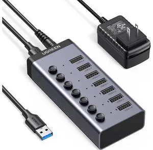 UGREEN Powered USB 3.0 Hub, 7-Port USB Adapter with 4 Smart Charging Ports, USB Splitter with Individual Led On/Off Switches and Power Adapter, USB Ports Extender for Laptop PC UGREEN Powered USB 3.0 Hub, 7-Port USB Adapter with 4 Smart Charging Ports, USB Splitter with Individual Led On/Off Switches and Power Adapter, USB Ports Extender for Laptop PC