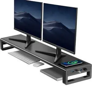 Dual Monitor Stand, Double Monitor Riser with Wireless Charger and 4 USB 3.0 Hub Ports, Metal Desk Raiser for 2 Monitors, PC Screen iMac Studio Display Gaming Office Work Space Saver Organizer Dual Monitor Stand, Double Monitor Riser with Wireless Charger and 4 USB 3.0 Hub Ports, Metal Desk Raiser for 2 Monitors, PC Screen iMac Studio Display Gaming Office Work Space Saver Organizer