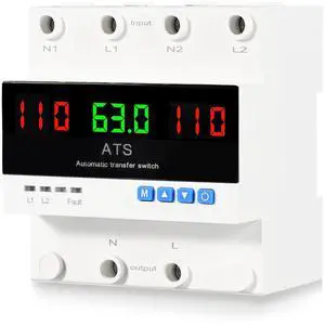 63A 110V Automatic Transfer Switch, Auto/Manual Generator Transfer Switch, DIN Rail Mount ATS with LED Display Safety Protections for Home Generator Inverter Utility Power L1 Priority Phase Selector 63A 110V Automatic Transfer Switch, Auto/Manual Generator Transfer Switch, DIN Rail Mount ATS with LED Display Safety Protections for Home Generator Inverter Utility Power L1 Priority Phase Selector