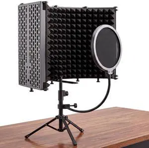 Microphone Isolation Shield with Pop Filter & Metal Desk Tripod Mic Stand Adjustable, 5-Panel Foldable Studio Mic Isolation Shield Portable for Recording Music Singing Podcasting Studio Equipment Microphone Isolation Shield with Pop Filter & Metal Desk Tripod Mic Stand Adjustable, 5-Panel Foldable Studio Mic Isolation Shield Portable for Recording Music Singing Podcasting Studio Equipment