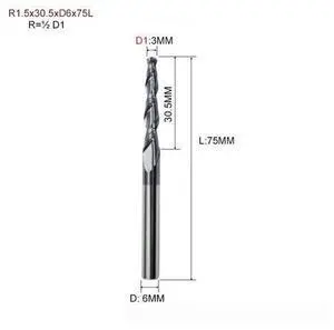 R1.5x30.5xD6x75L HRC55 Tapered Ball Nose End Mill Tungsten Solid Carbide Coated Tapered Cone Cnc Milling Cutter R1.5x30.5xD6x75L HRC55 Tapered Ball Nose End Mill Tungsten Solid Carbide Coated Tapered Cone Cnc Milling Cutter