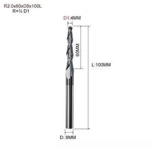 R2.0x60xD8x100L HRC55 Tapered Ball Nose End Mill Tungsten Solid Carbide Coated Tapered Cone Cnc Milling Cutter R2.0x60xD8x100L HRC55 Tapered Ball Nose End Mill Tungsten Solid Carbide Coated Tapered Cone Cnc Milling Cutter