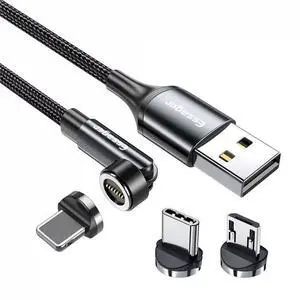 Essager 540 Rotate Magnetic Cable 3A Fast Charging Micro USB Type C Cable For iPhone Xiaomi Magnet Grey Micro+Type-C+iOS 1m Essager 540 Rotate Magnetic Cable 3A Fast Charging Micro USB Type C Cable For iPhone Xiaomi Magnet Grey Micro+Type-C+iOS 1m