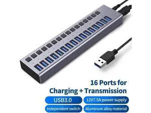 16-Port USB 3.0 Hub with 16 Data Ports & Charging Port, Individual On/Off Switches and 12V/7.5A Adapter 16-Port USB 3.0 Hub with 16 Data Ports & Charging Port, Individual On/Off Switches and 12V/7.5A Adapter