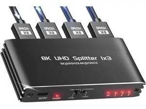 HDMI Splitter 1 in 3 Out - 1x3 HDMI Display Duplicate/Mirror - Powered Splitter 4K 120Hz, 8K @ 60Hz (One Input To Three Outputs) - 1 Source to 3 Identical Displays HDMI Splitter 1 in 3 Out - 1x3 HDMI Display Duplicate/Mirror - Powered Splitter 4K 120Hz, 8K @ 60Hz (One Input To Three Outputs) - 1 Source to 3 Identical Displays