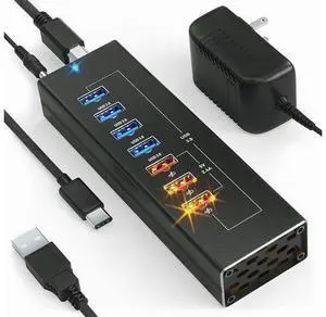 Powered USB Hub - Multi-Port USB Hub with 7 USB 3.0 Ports, 3 Fast Charging USB 3 0 Ports, with Cords C and A, Power USB HUB Adapter Powered USB Hub - Multi-Port USB Hub with 7 USB 3.0 Ports, 3 Fast Charging USB 3 0 Ports, with Cords C and A, Power USB HUB Adapter