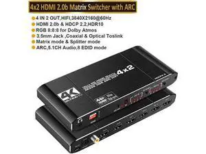 Vszerda 4x2 Matrix Switch Splitter with SPDIF and L/R 3.5mm HDR HDMI-compatible Switch 4x2 Support HDCP 2.2 ARC 3D 4K@60Hz for TV HDTV PS4 PS5 Vszerda 4x2 Matrix Switch Splitter with SPDIF and L/R 3.5mm HDR HDMI-compatible Switch 4x2 Support HDCP 2.2 ARC 3D 4K@60Hz for TV HDTV PS4 PS5