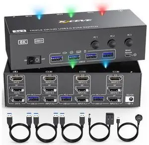 8K KVM Switch 3 Monitors 3 Computers HDMI + DisplayPort, USB 3.0 DP KVM Switcher, 8K@30Hz/4k@144Hz Triple Monitor DP KVM for 3 PC Share 3 Display and 4 USB 3.0 Devices 8K KVM Switch 3 Monitors 3 Computers HDMI + DisplayPort, USB 3.0 DP KVM Switcher, 8K@30Hz/4k@144Hz Triple Monitor DP KVM for 3 PC Share 3 Display and 4 USB 3.0 Devices