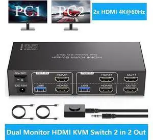 Dual Monitor HDMI KVM Switch, 2 Port HDMI 4K@60Hz KVM Switcher for 2 Computers 2 Monitors with 4 USB 3.0 Ports Support Copy and Extended Display and Desktop Control Including 2 USB 3.0 Cable Dual Monitor HDMI KVM Switch, 2 Port HDMI 4K@60Hz KVM Switcher for 2 Computers 2 Monitors with 4 USB 3.0 Ports Support Copy and Extended Display and Desktop Control Including 2 USB 3.0 Cable