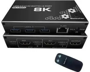 JAENFONG 4K/120HZ HDMI KVM Switch, USB 3.0 Switcher, KVM Switcher Support 8K@30Hz, 4K/120HZ, 1080/240HZ, 2 Computers Share 3 USB Hub Keyboard Mouse Switch and 1 RJ45 Ethernet Switch with Remote JAENFONG 4K/120HZ HDMI KVM Switch, USB 3.0 Switcher, KVM Switcher Support 8K@30Hz, 4K/120HZ, 1080/240HZ, 2 Computers Share 3 USB Hub Keyboard Mouse Switch and 1 RJ45 Ethernet Switch with Remote