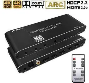HDMI Switch with Audio Extractor 4K 60Hz Optical + 3.5mm AUX + Coaxial Output, HDMI Switcher 4 in 1 Out HDMI Audio Splitter Converter IR Remote Support ARC HDCP2.2 1080P 3D Dobly Atmos,EDID,HDR10 HDMI Switch with Audio Extractor 4K 60Hz Optical + 3.5mm AUX + Coaxial Output, HDMI Switcher 4 in 1 Out HDMI Audio Splitter Converter IR Remote Support ARC HDCP2.2 1080P 3D Dobly Atmos,EDID,HDR10