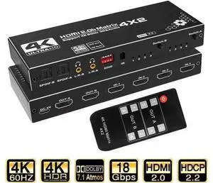 JAENFONG 4in 2out HDMI Matrix, 4K 4x2 HDMI Matrix Switch, 1080P 3D, RGB 8:8:8(Dolby ATMOS), 2xSPDIF Audio, 2x3.5mm L/R, EDID, IR Remote (OZJ1) JAENFONG 4in 2out HDMI Matrix, 4K 4x2 HDMI Matrix Switch, 1080P 3D, RGB 8:8:8(Dolby ATMOS), 2xSPDIF Audio, 2x3.5mm L/R, EDID, IR Remote (OZJ1)