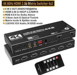 JAENFONG 4in 2out HDMI Matrix Switch, 4x2 Matrix HDMI Video Switcher Splitter +2xSPDIF& 2x3.5mm L/R Audio Output,Support Ultra HD 4K 60Hz,3D 1080P, EDID with IR Remote Control (OZJ1) JAENFONG 4in 2out HDMI Matrix Switch, 4x2 Matrix HDMI Video Switcher Splitter +2xSPDIF& 2x3.5mm L/R Audio Output,Support Ultra HD 4K 60Hz,3D 1080P, EDID with IR Remote Control (OZJ1)