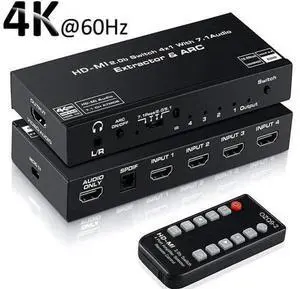 JAENFONG 4 Port 4K HDMI Switch with Optical & 3.5mm AUX Audio Out, 4 in 1 Out HDMI 2.0 4K@60Hz HDMI 2.0b Audio Extractor Splitter with Remote, Support ARC, HDR, HDCP 2.2, 18Gbps, Dolby Vision JAENFONG 4 Port 4K HDMI Switch with Optical & 3.5mm AUX Audio Out, 4 in 1 Out HDMI 2.0 4K@60Hz HDMI 2.0b Audio Extractor Splitter with Remote, Support ARC, HDR, HDCP 2.2, 18Gbps, Dolby Vision