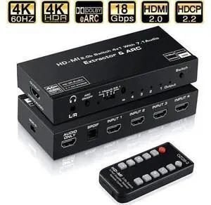 JAENFONG 4K 60Hz HDMI 2.0 Switch 4 in 1 Out with Audio Extractor (HDMI, 3.5mm AUX,Toslink Audio Out) and ARC, Support Remote/Auto Switching/HDCP2.2/1080P/3D, HDMI Splitter for TV 4K Home Theater JAENFONG 4K 60Hz HDMI 2.0 Switch 4 in 1 Out with Audio Extractor (HDMI, 3.5mm AUX,Toslink Audio Out) and ARC, Support Remote/Auto Switching/HDCP2.2/1080P/3D, HDMI Splitter for TV 4K Home Theater
