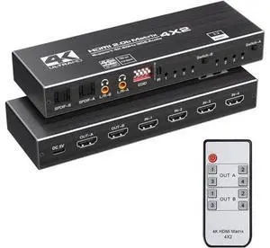 JAENFONG 4K HDMI Matrix Switch 4 X 2, Switcher with Audio Extractor UltraHD Supports Up to 4K @ 60Hz IR EDID HDCP 2.2 HDR10,2xSPDIF Audio, 2x3.5mm L/R Audio - Remote Control (OZJ1-1) JAENFONG 4K HDMI Matrix Switch 4 X 2, Switcher with Audio Extractor UltraHD Supports Up to 4K @ 60Hz IR EDID HDCP 2.2 HDR10,2xSPDIF Audio, 2x3.5mm L/R Audio - Remote Control (OZJ1-1)