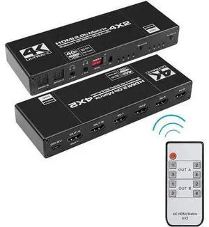 JAENFONG 4x2 HDMI Matrix Switch Up to 4K 60Hz RGB 8:8:8, HDR10, EDID,HDMI 2.0, HDCP 2.2/1.4, Auto Downscaling, IR Remote, 2xSPDIF Audio, 2x3.5mm L/R Audio, 4 in 2 Out Video (OZJ1-1) JAENFONG 4x2 HDMI Matrix Switch Up to 4K 60Hz RGB 8:8:8, HDR10, EDID,HDMI 2.0, HDCP 2.2/1.4, Auto Downscaling, IR Remote, 2xSPDIF Audio, 2x3.5mm L/R Audio, 4 in 2 Out Video (OZJ1-1)