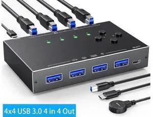 JAENFONG 4x4 USB 3.0 Switch 4 Computers, 4 Port USB Switch Selector for 4 Computer Share 4 USB Devices, Keyboard Mouse Switch, 4 in 4 Out USB 3.0 Switcher with Wired Remote and 4 Standard USB-B Cables JAENFONG 4x4 USB 3.0 Switch 4 Computers, 4 Port USB Switch Selector for 4 Computer Share 4 USB Devices, Keyboard Mouse Switch, 4 in 4 Out USB 3.0 Switcher with Wired Remote and 4 Standard USB-B Cables