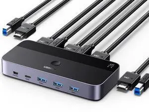 UGREEN USB 3.0 HDMI KVM Switch with 4 USB 3.0 Ports 4K@60Hz for 2 Computers Sharing 1 Monitor Keyboard Mouse Hard Drives Printer, with 2 HDMI Cables, 2 USB Cables and Controller UGREEN USB 3.0 HDMI KVM Switch with 4 USB 3.0 Ports 4K@60Hz for 2 Computers Sharing 1 Monitor Keyboard Mouse Hard Drives Printer, with 2 HDMI Cables, 2 USB Cables and Controller