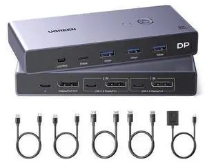 UGREEN 8K Displayport KVM Switch 2 in 1 Out DP1.4 with 4 USB 3.0 Ports(3 USB-A + 1 USB-C) Support 8K@60Hz 4K@240Hz Share 1 Monitor Keyboard Mouse U-Disk Printer, with 2 DP Cables, 2 USB A to C Cables UGREEN 8K Displayport KVM Switch 2 in 1 Out DP1.4 with 4 USB 3.0 Ports(3 USB-A + 1 USB-C) Support 8K@60Hz 4K@240Hz Share 1 Monitor Keyboard Mouse U-Disk Printer, with 2 DP Cables, 2 USB A to C Cables