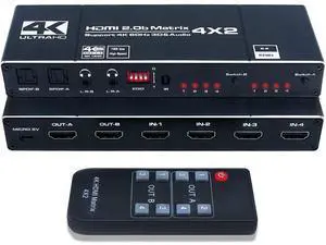 HDMI Matrix Switch 4x2, 4K HDMI Matrix Switcher Splitter 4 in 2 Out Box with EDID Extractor and IR Remote Control Support 4K HDR, HDMI 2.0b, HDCP 2.2, 4K @60Hz, 3D, 1080P HDMI Matrix Switch 4x2, 4K HDMI Matrix Switcher Splitter 4 in 2 Out Box with EDID Extractor and IR Remote Control Support 4K HDR, HDMI 2.0b, HDCP 2.2, 4K @60Hz, 3D, 1080P