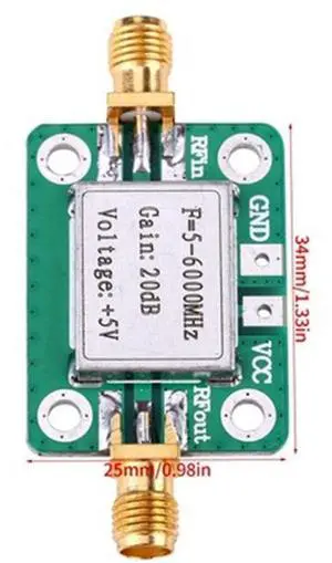 RF ultra-wideband power amplifier with a gain of 20 dB from 5 MHz to 6 GHz. Operating frequency range of 5 - 6000 MHz. Equipped with a shielding shell. RF ultra-wideband power amplifier with a gain of 20 dB from 5 MHz to 6 GHz. Operating frequency range of 5 - 6000 MHz. Equipped with a shielding shell.