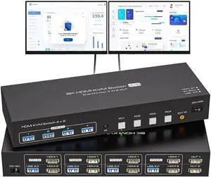 wusu Dual Monitor HDMI KVM Switch 4 Computers 2 Monitors 8K@60Hz 4K@120Hz 4 Port KVM Switches for 4 PC Share 4 USB 3.0 Devices Support Copy and Extend Mode, Remote Control and Power Adapter wusu Dual Monitor HDMI KVM Switch 4 Computers 2 Monitors 8K@60Hz 4K@120Hz 4 Port KVM Switches for 4 PC Share 4 USB 3.0 Devices Support Copy and Extend Mode, Remote Control and Power Adapter